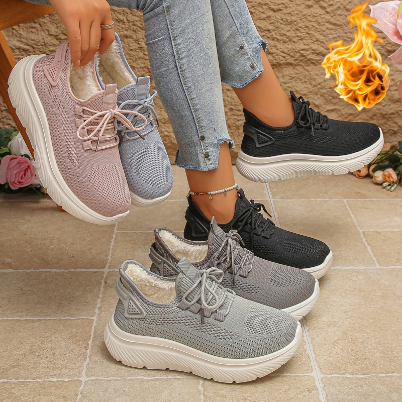 Knit Fabric Lace Up Sneakers - أحذية رياضية نسائية للمشي في الهواء
